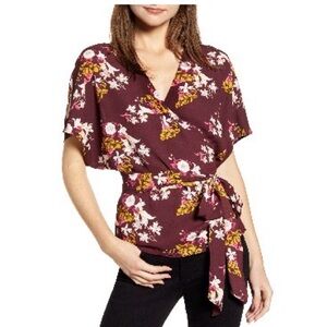 Chelsea28 Burgundy Floral Surplice Wrap Tie-Waist Blouse